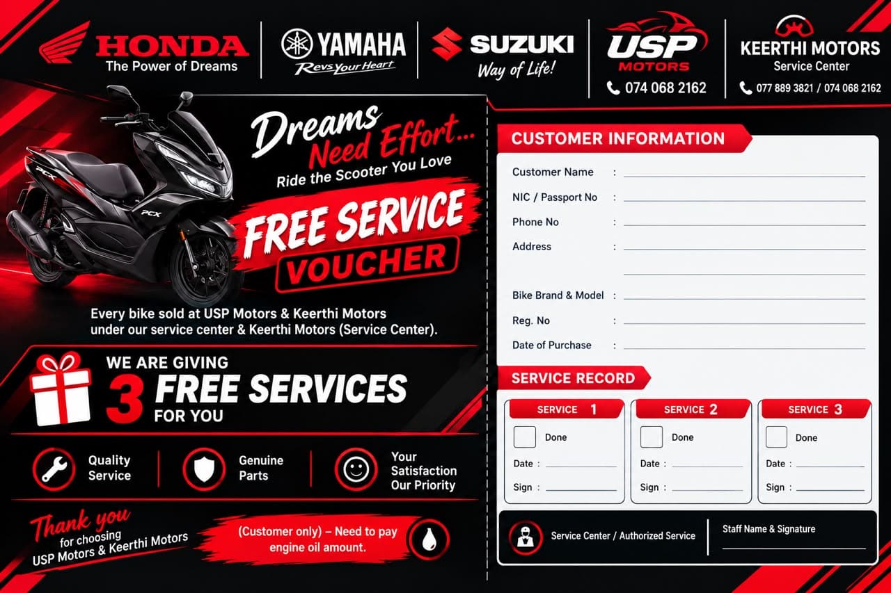 USP Motors free service voucher — three free services with every bike sold, engine oil charged separately